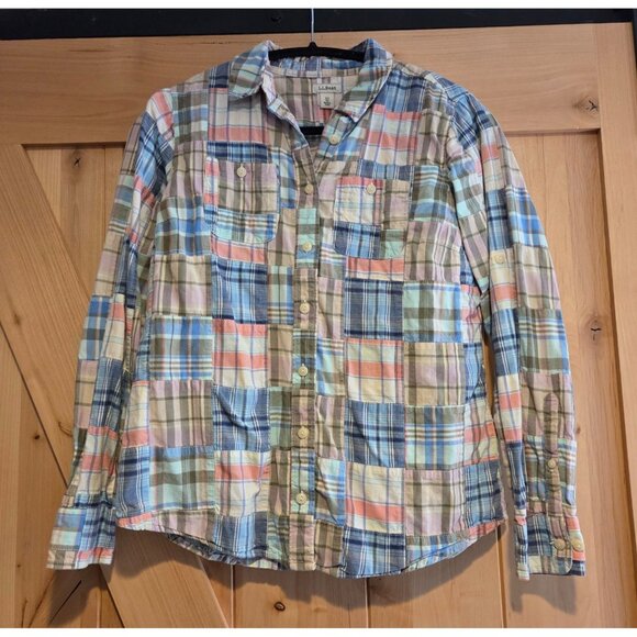 LL Bean Top Womens XS Madras Plaid Roll Tab Patchwork Button Shirt 501589 - Picture 1 of 13